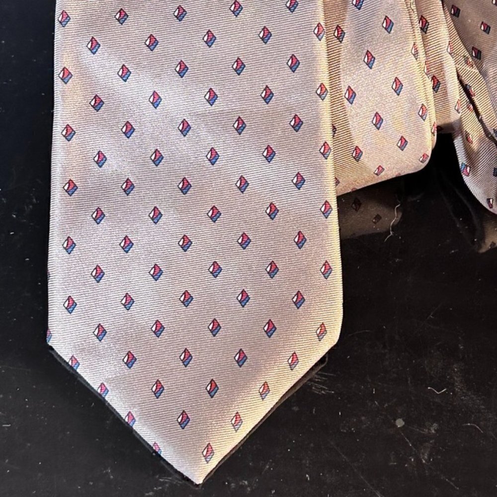 Christian Dior Tan Silk Tie Neutral Office Preppy Modern Red Blue Polka Dots